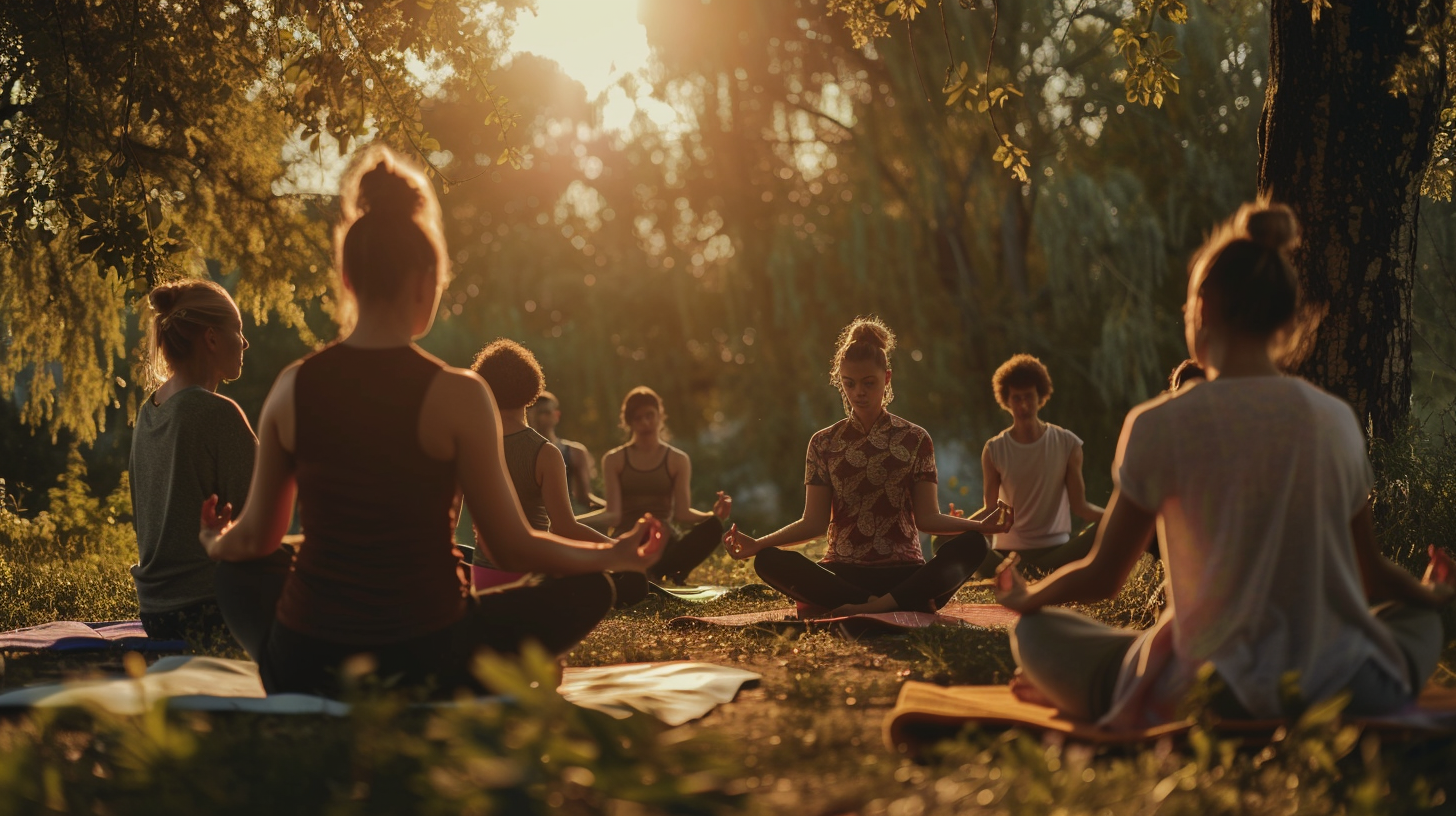 Група людей різного віку практикує йогу на природі